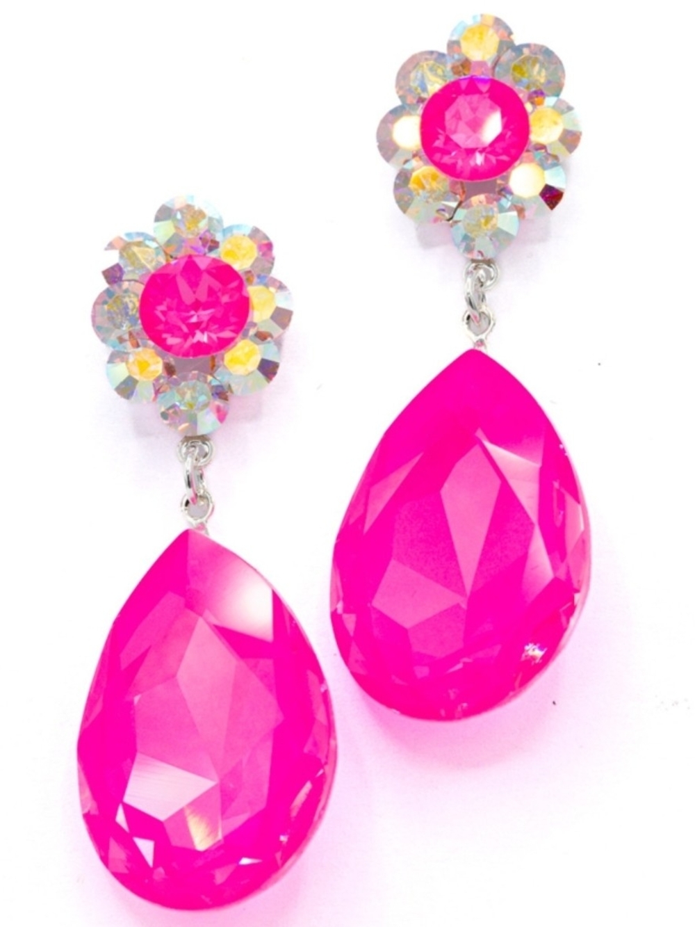 Bold Hot Pink Teardrop Crystal Drop Earrings